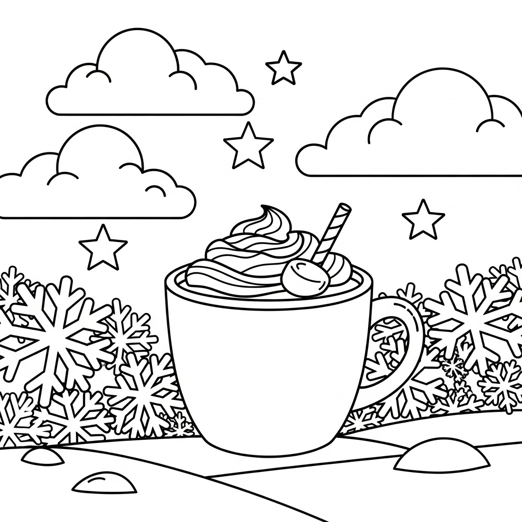 Cozy Hot Cocoa Mug and Snowflakes Coloring Page coloring page