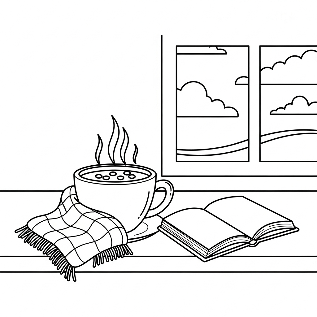 Facile Pagina da Colorare: Tazza di Cioccolata Calda con Coperta e Libro coloring page