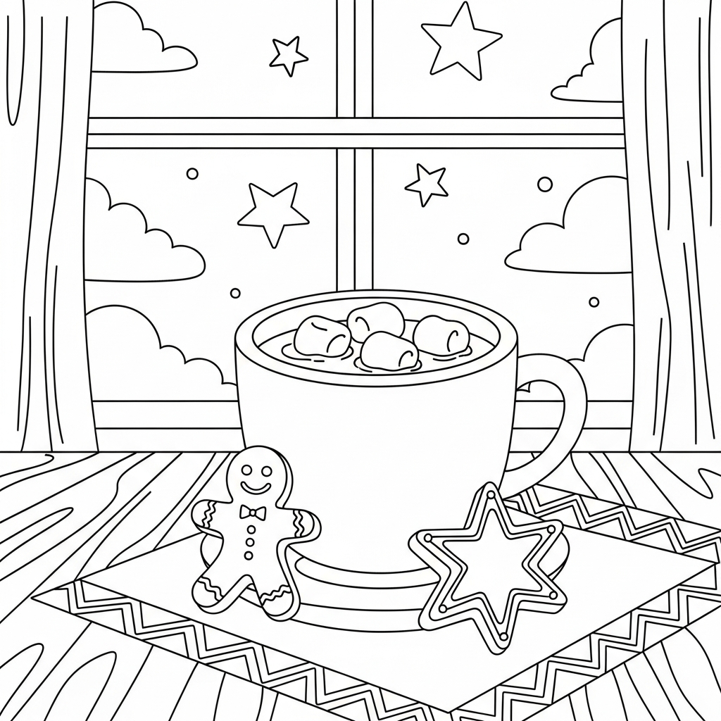Fun Hot Cocoa Mug and Gingerbread Cookies Coloring Page coloring page
