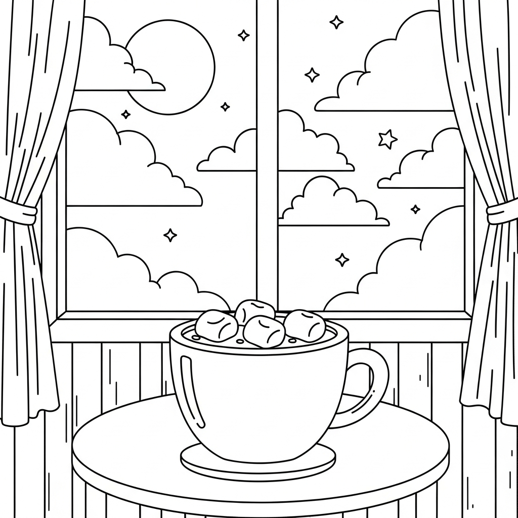 Fun Hot Cocoa Mug with Marshmallows Coloring Page for Kids coloring page