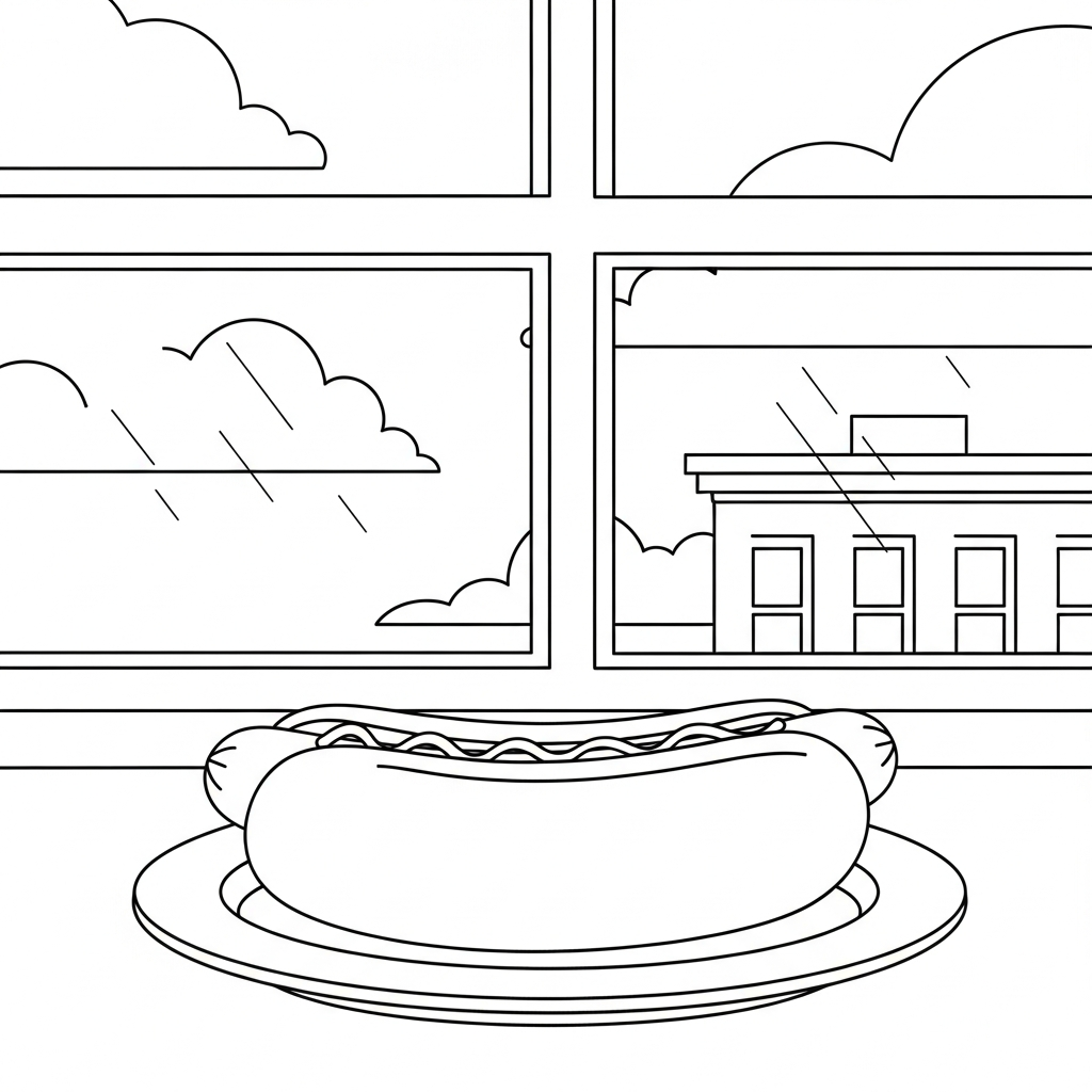 Einfache Hot-Dog-Ausmalbild im Dinerfenster coloring page printable