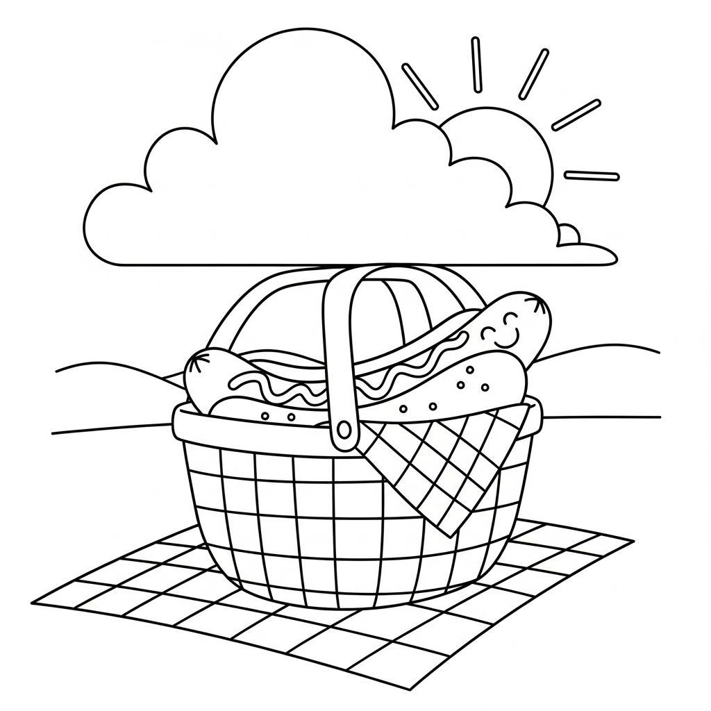 Fun Hot Dog in Lunch Basket Coloring Page for Kids coloring page