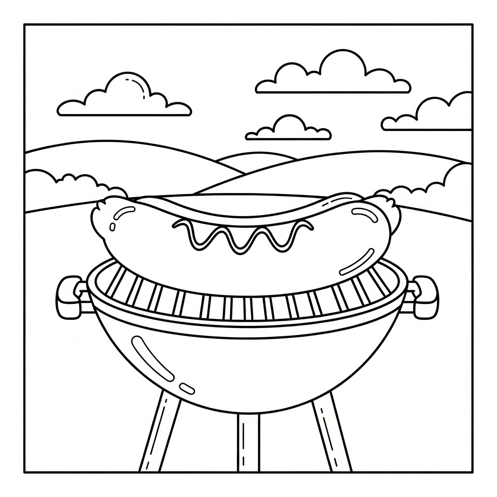 Fun Hot Dog on Grill Coloring Page for Kids coloring page