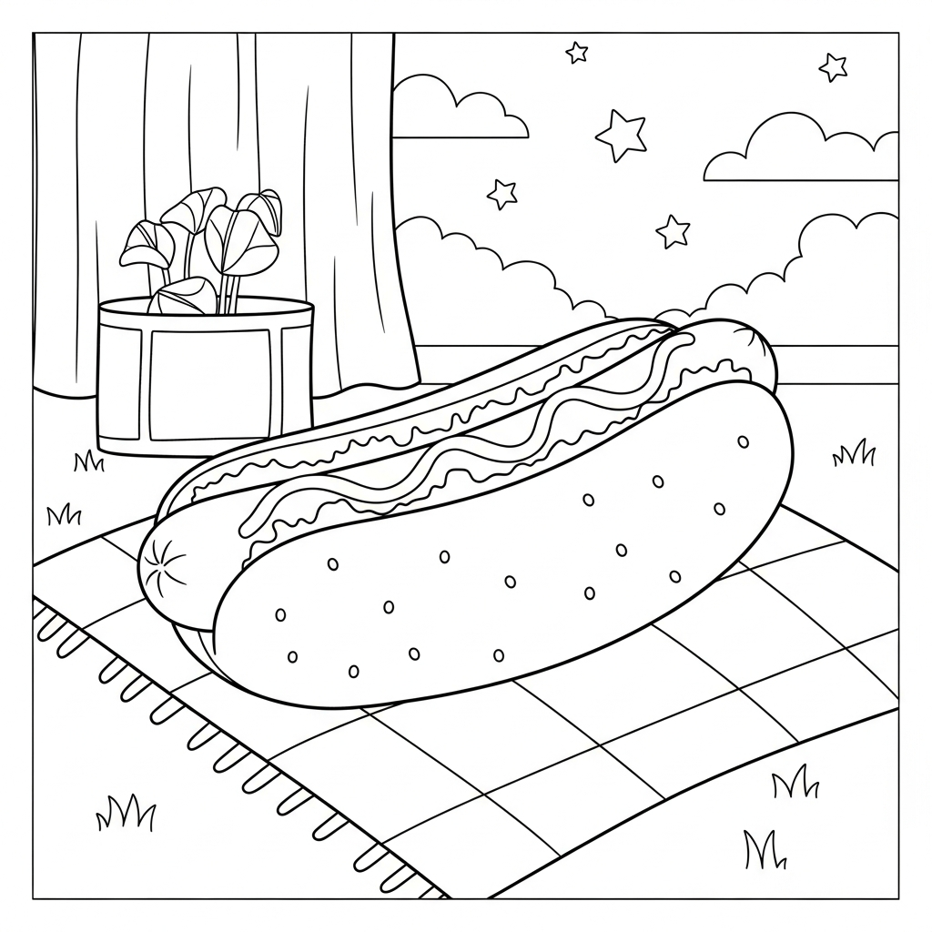 Adorable Hot Dog Coloring Page on a Picnic Blanket coloring page
