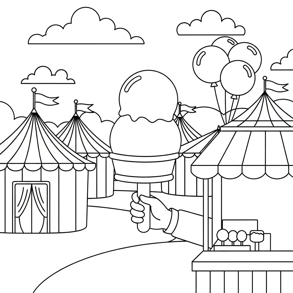 Dessin à Colorier Facile de Cornet de Glace au Stand de Carnaval coloring page