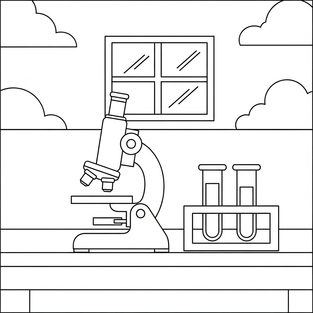 Einfaches Ausmalbild: Laborbank mit Mikroskop und Reagenzgläsern coloring page printable