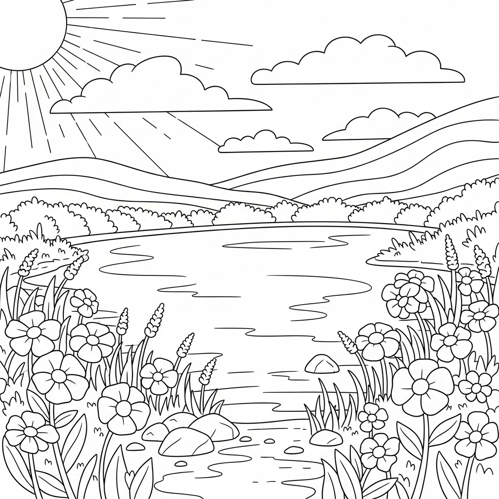 Charming Lake Surrounded By Wildflowers Coloring Page coloring page