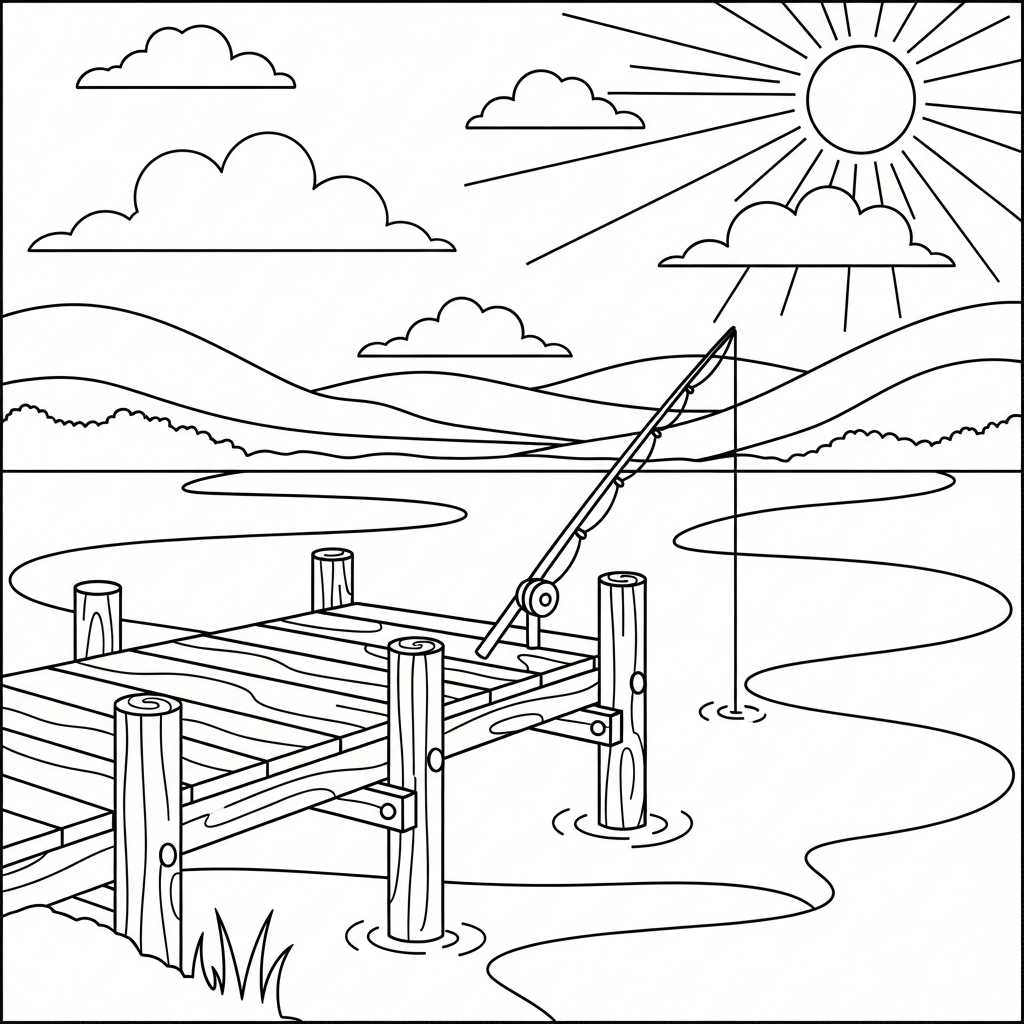 Relaxing Lake Scene with Fishing Dock Coloring Page coloring page