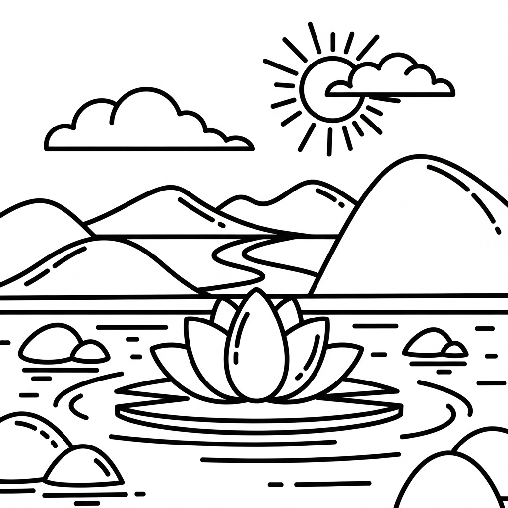 Page de coloriage facile de fleur de lotus flottante dans un jardin zen coloring page printable