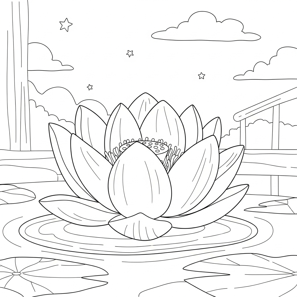 Printable Lotus Flower in Pond Coloring Page for Kids coloring page