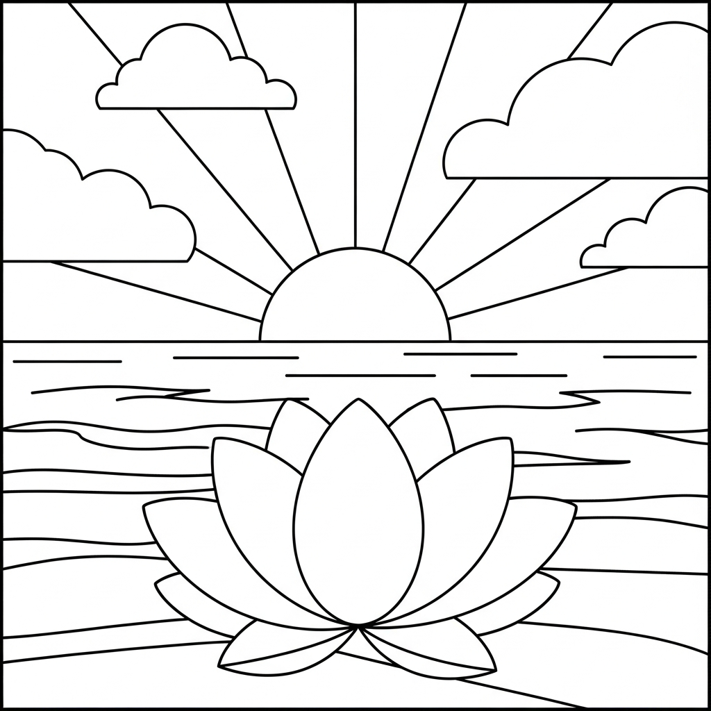 Page à Colorier : Lotus Facile au Lever du Soleil dans une Scène Aquatique coloring page printable