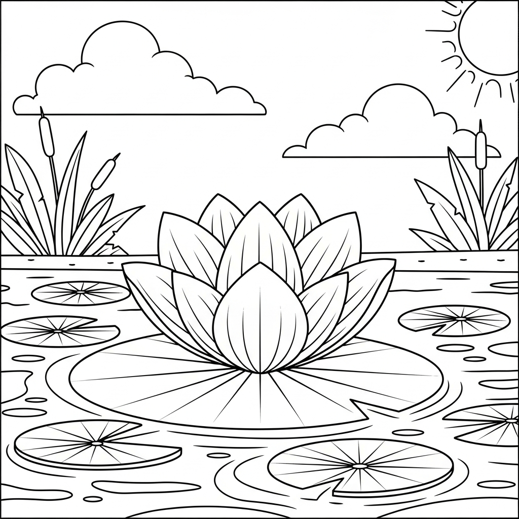 Relaxing Lotus Flower Coloring Page in a Tropical Pond coloring page