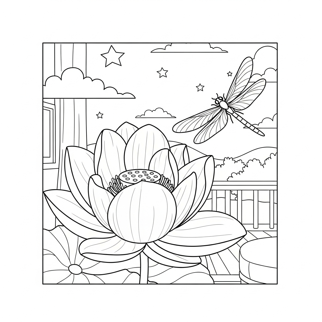 Page de coloriage facile de fleur de lotus avec libellule coloring page printable