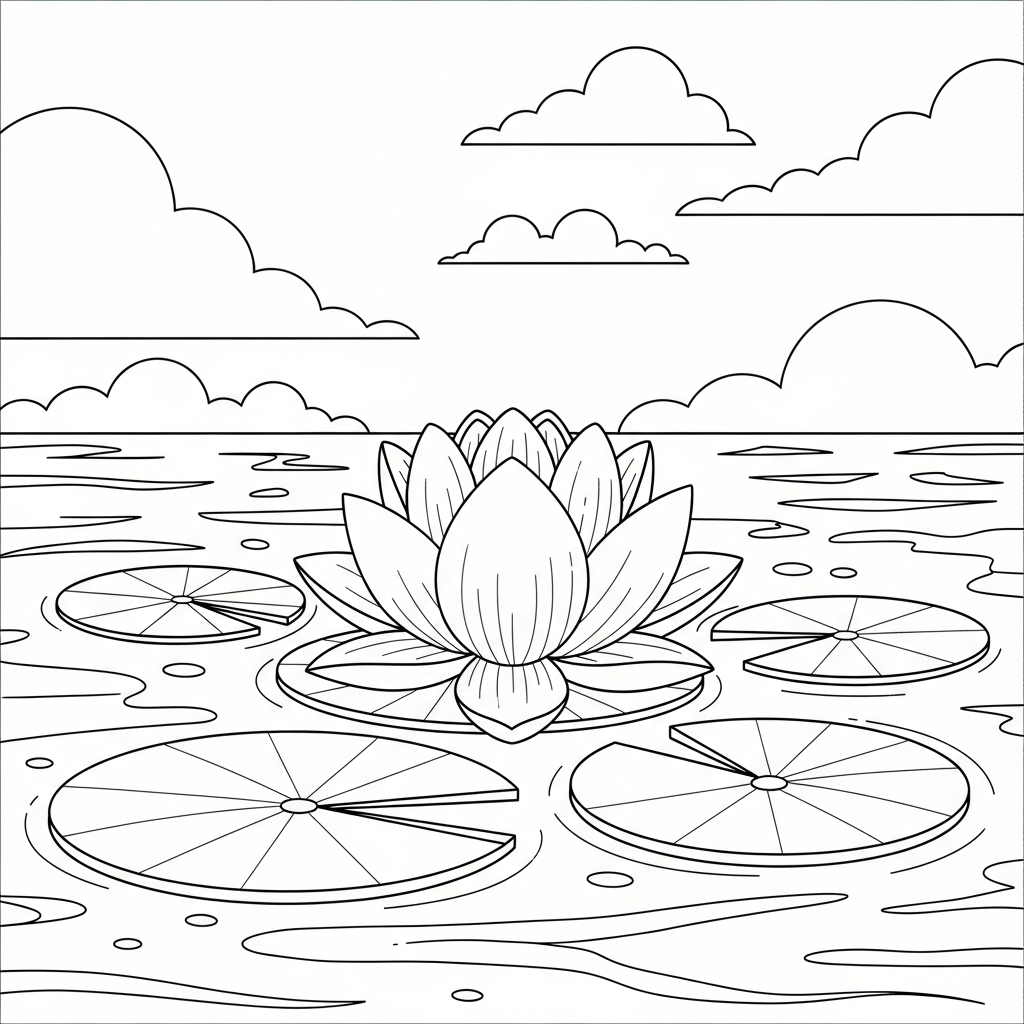 Facile Page de Coloriage Fleur de Lotus avec Nénuphars coloring page printable