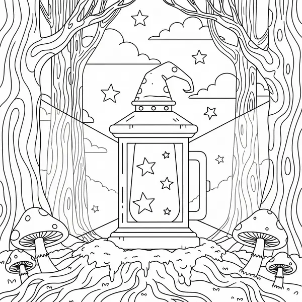 Easy Simple Magic Lantern In Enchanted Forest Coloring Page coloring page printable