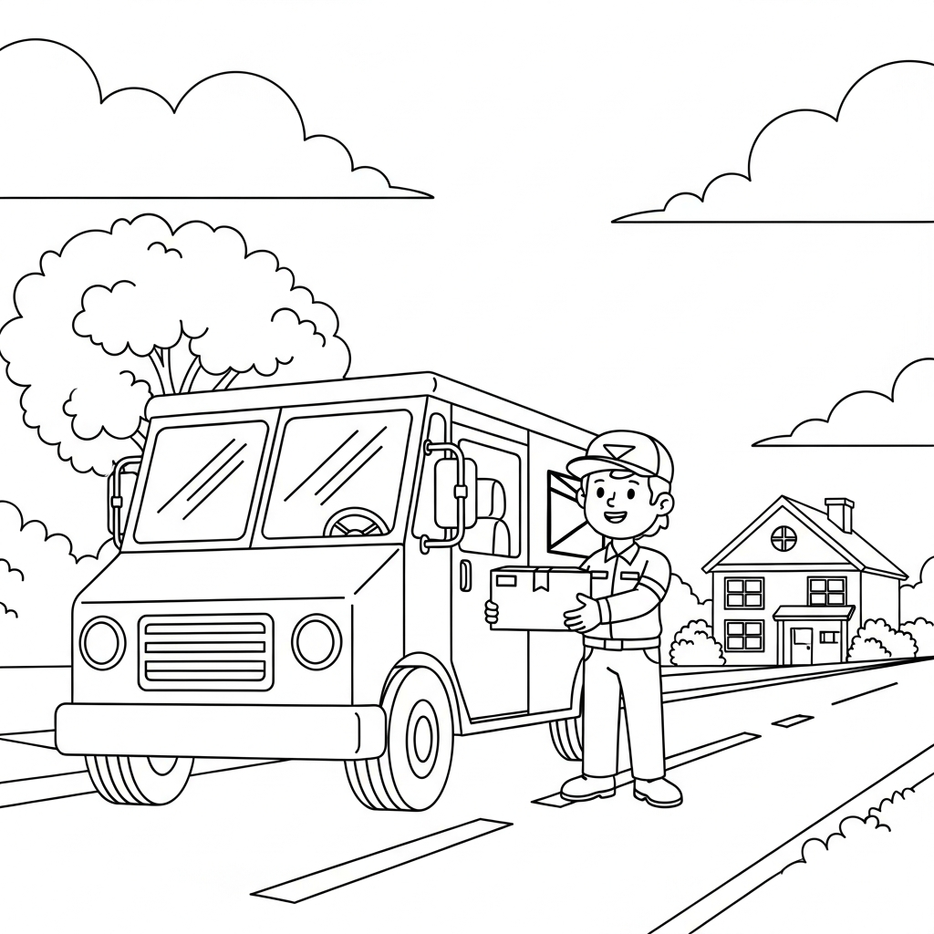 Página Para Colorear de un Cartero Fácil y Sencillo Entregando Paquetes Desde un Camión de Correos coloring page