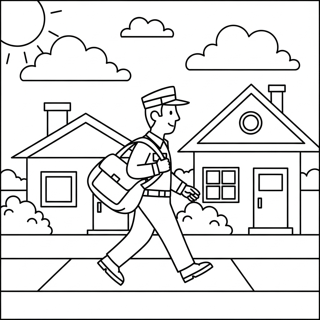 Página para Colorear: Cartero en un Vecindario Suburbano coloring page printable