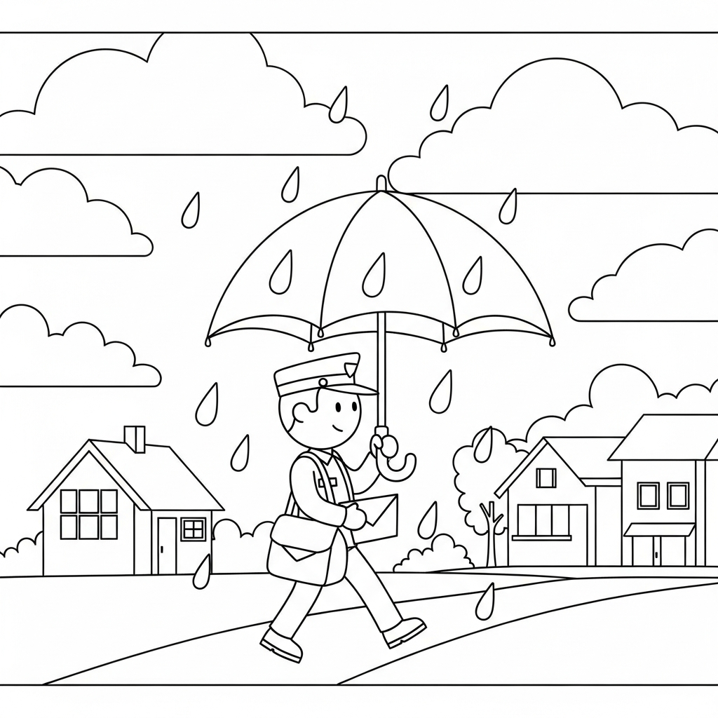 Pintura para Colorir: Carteiro Simples na Chuva com Guarda-chuva coloring page