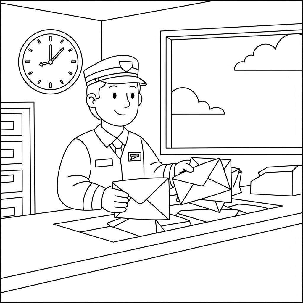 Página para Colorear: Cartero Clasificando Correspondencia en una Oficina de Correos coloring page printable