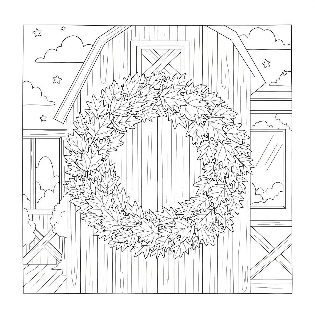 Einfache Farbseite mit Ahornblattkranz an rustikaler Scheunenwand coloring page
