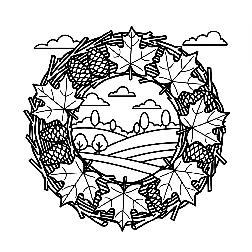 Desenho para Colorir: Coroa de Folhas de Bordo, Pinhas e Gravetos coloring page
