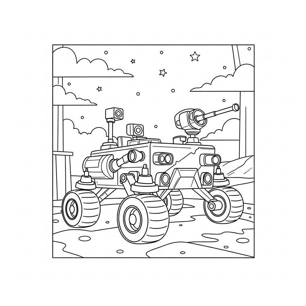 Pagina da Colorare: Rover Marziano Sotto un Cielo Stellato coloring page