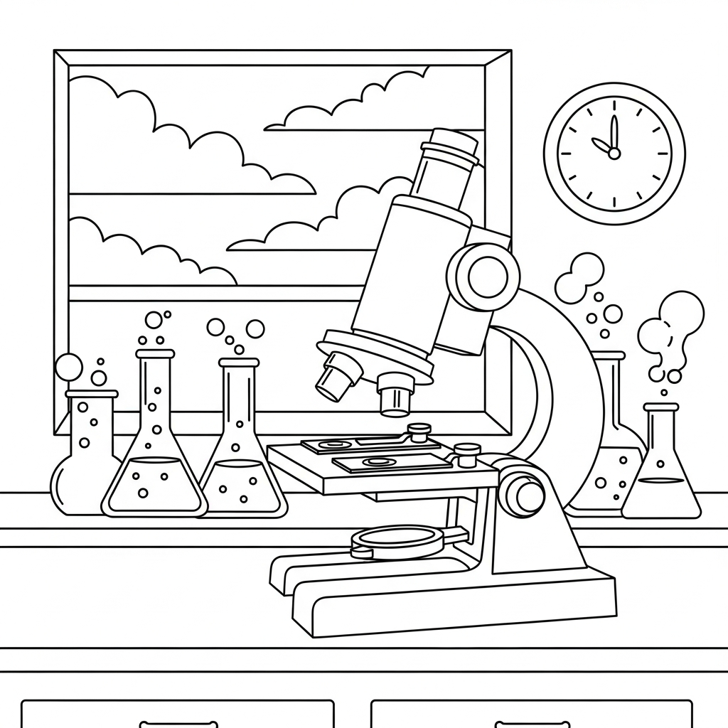 Einfache Mikroskop- und Objektträger-Ausmalseite am Labortisch coloring page printable