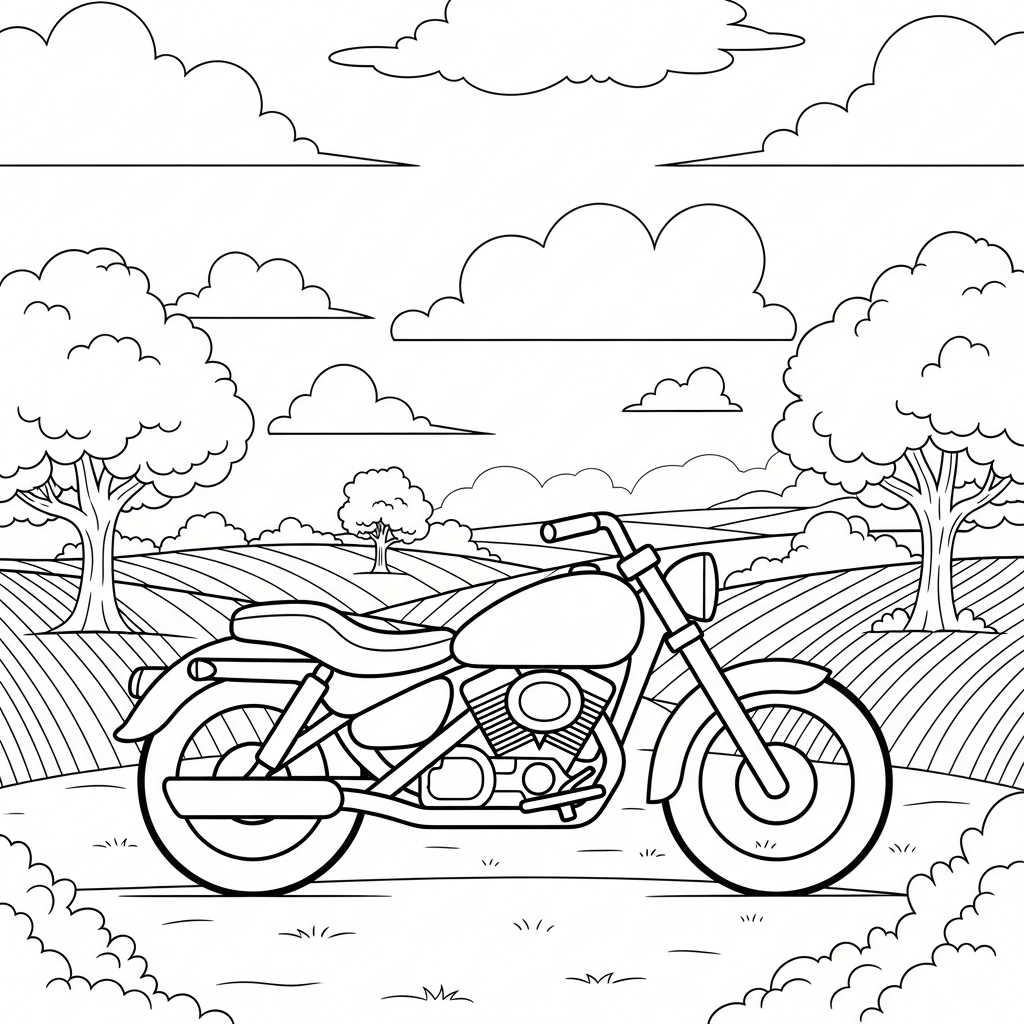 Page de Coloriage Moto Simple dans un Champ de Campagne coloring page
