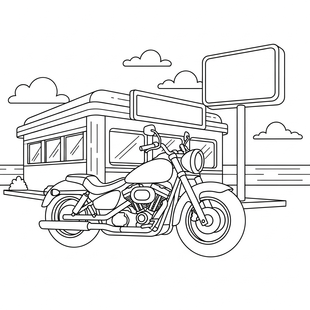 Fun Motorcycle Coloring Page Featuring a Diner coloring page