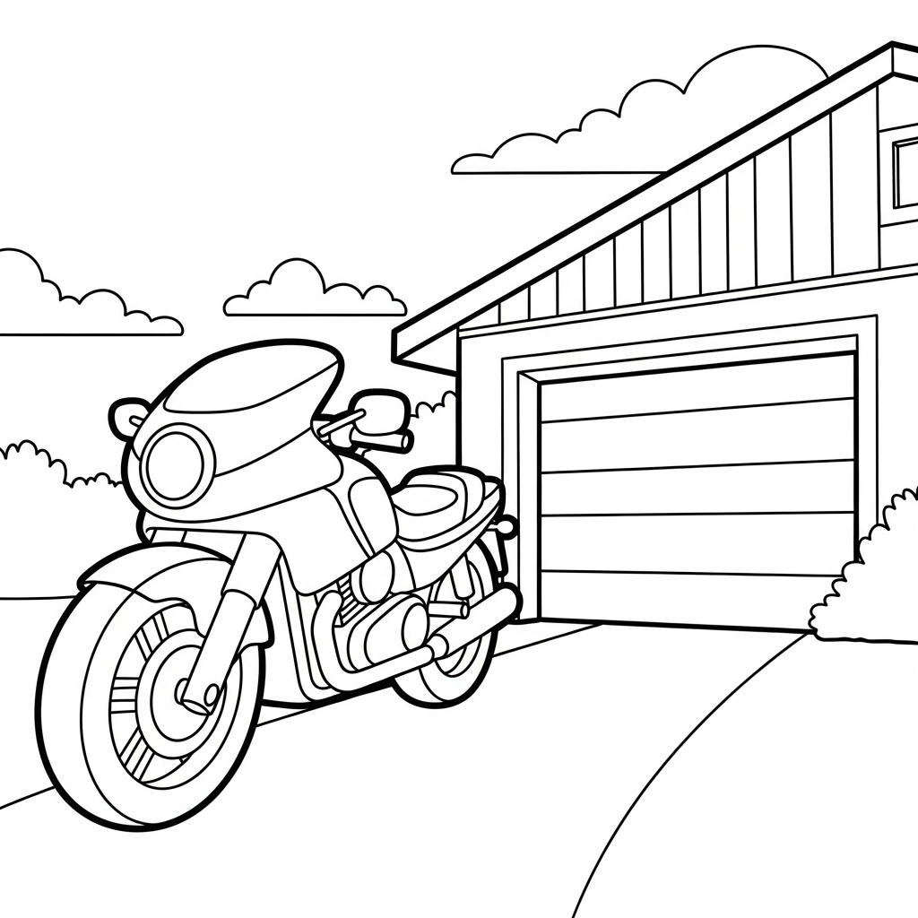 Printable Easy Motorcycle Coloring Page Near Garage coloring page printable