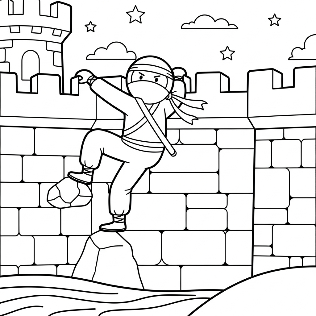 Page à colorier Ninja escaladant le mur d'un château coloring page