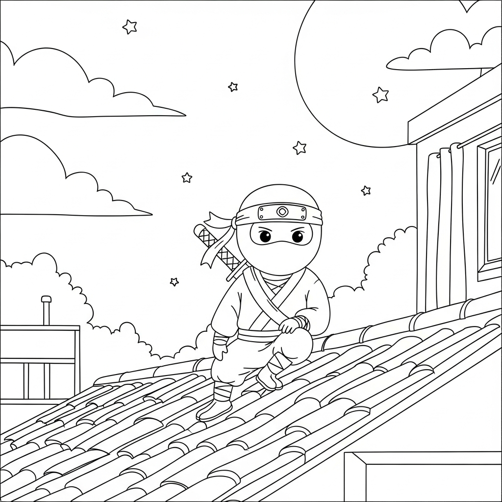 Fun Ninja Rooftop Coloring Page for Kids coloring page