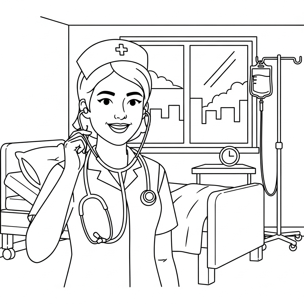 Page de Coloriage Facile d'une Infirmière avec Stéthoscope coloring page