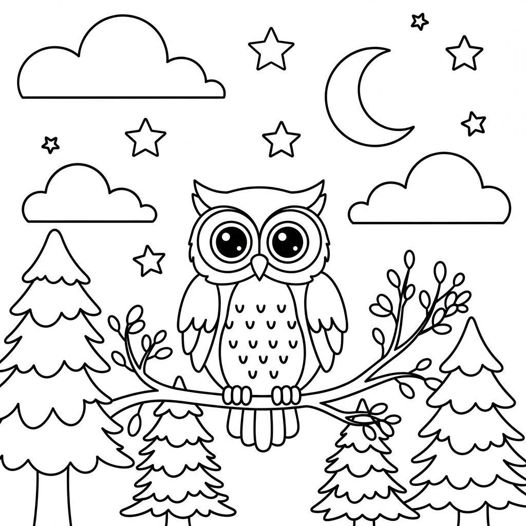 Charming Owl Coloring Page Surrounded by Pine Trees coloring page printable