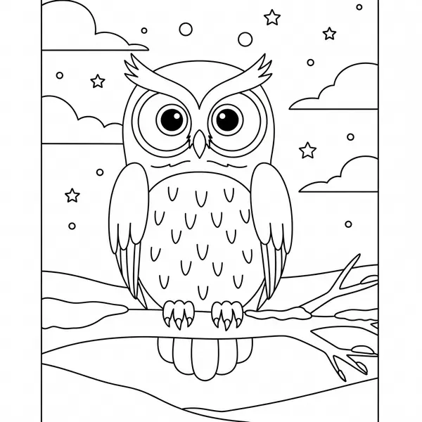 Easy Simple Owl In Snowy Winter Scene Coloring Page - Free Printable coloring page printable