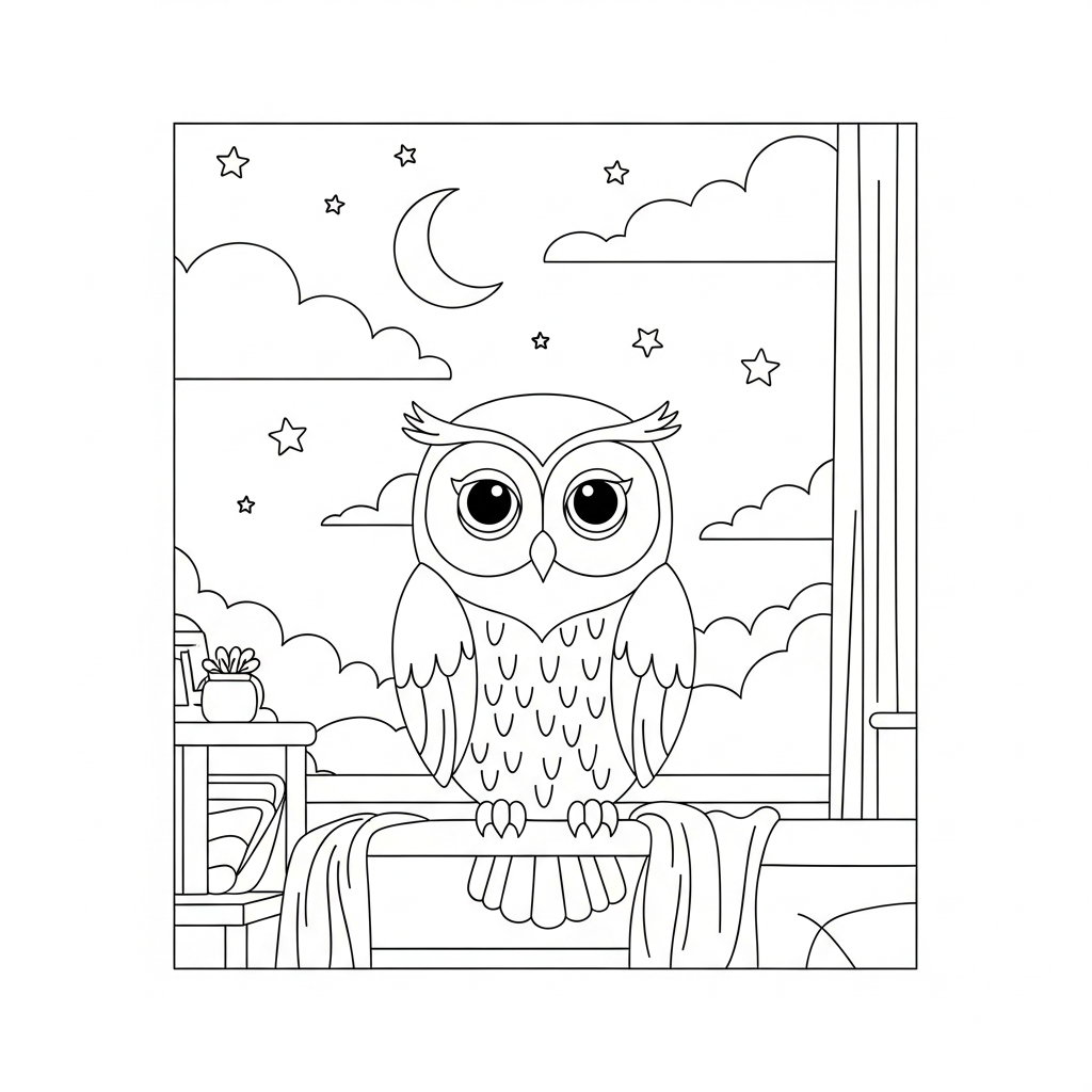 Cute Owl Coloring Page Under a Starry Night Sky coloring page printable