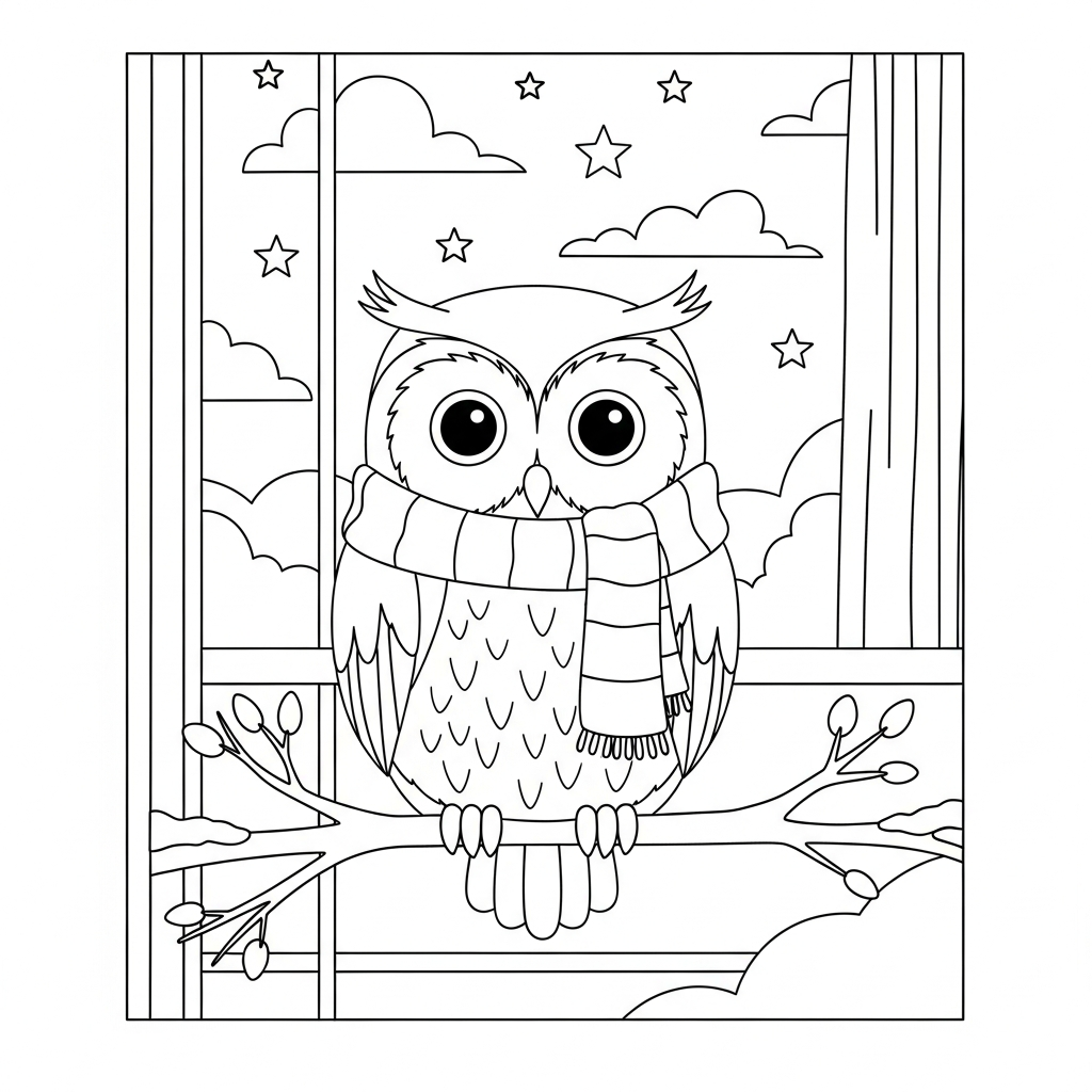 Charming Owl in a Scarf on a Snowy Branch Coloring Page coloring page