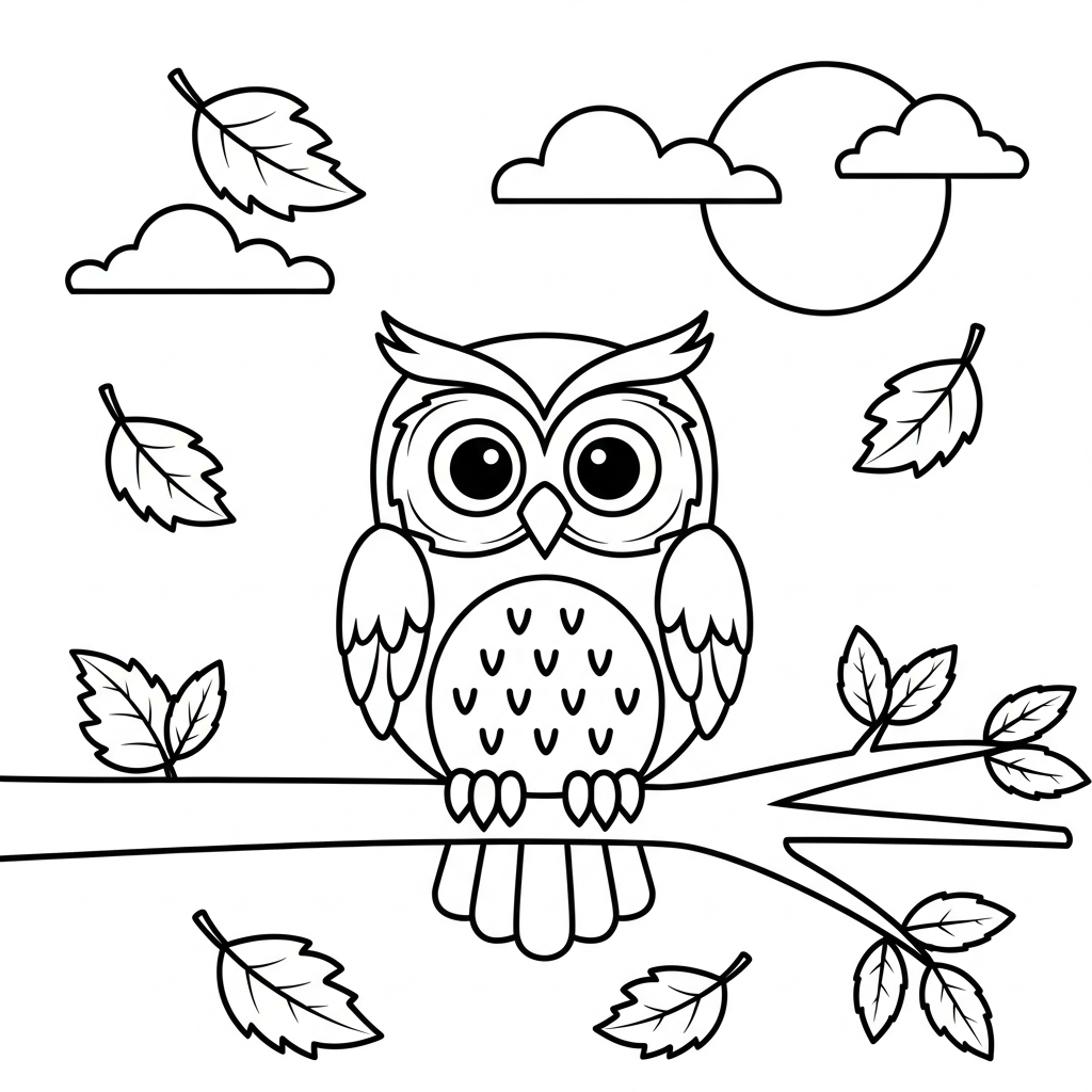 Adorable Owl with Falling Leaves Coloring Page for Kids coloring page printable