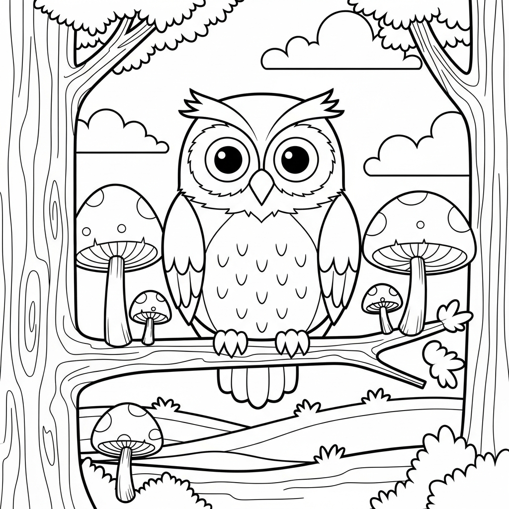 Fun Owl Coloring Page with Forest Mushrooms coloring page