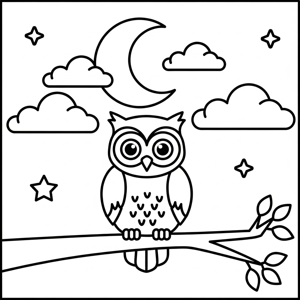 Eenvoudige Uil Met Maan En Wolken Kleurplaat coloring page