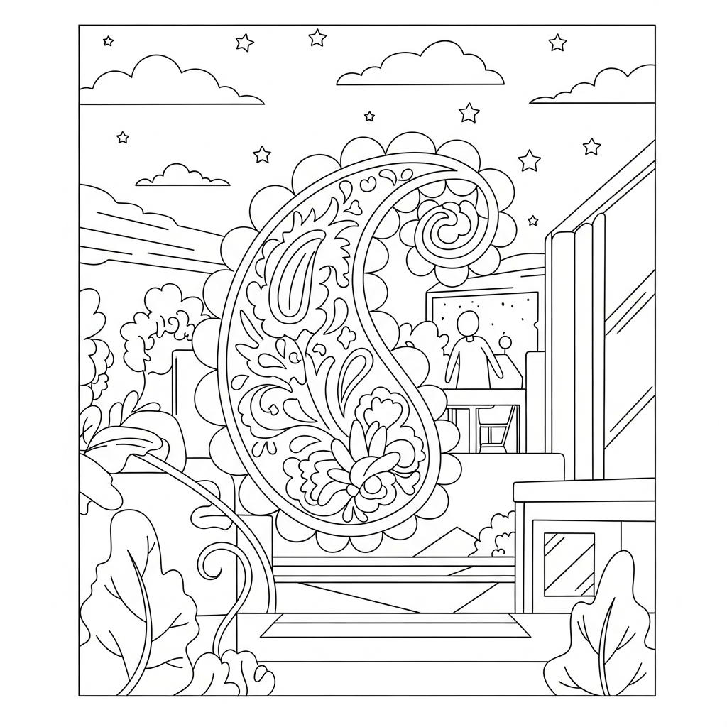 Relaxing Paisley and Vine Coloring Page for All Ages coloring page
