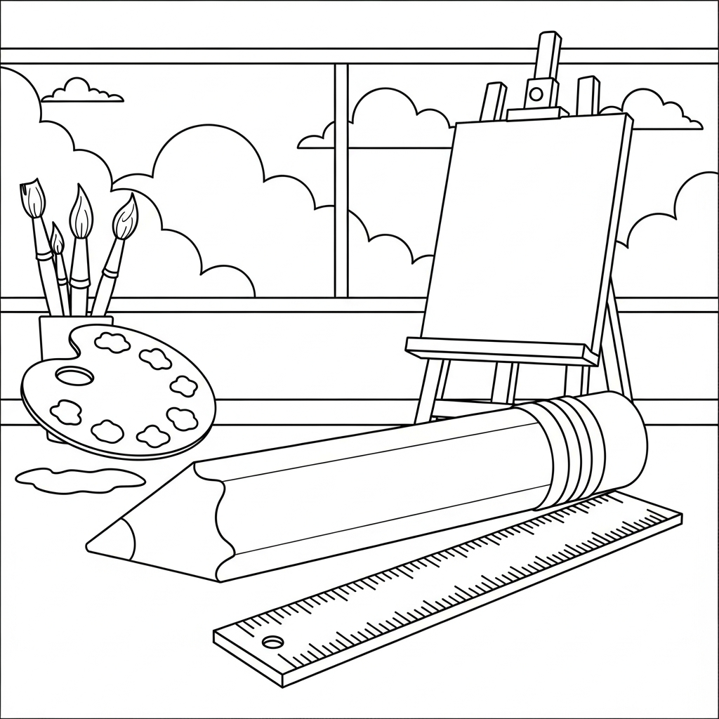 Easy Pencil and Ruler Coloring Page for Kids coloring page printable