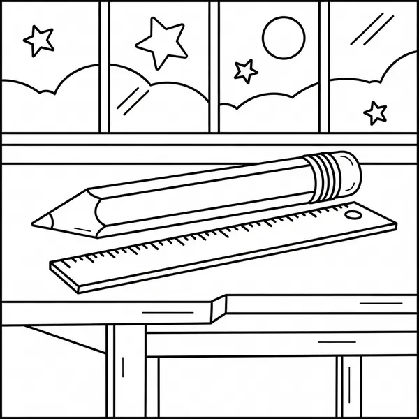 Easy Simple Pencil And Ruler In Stationery Set Coloring Page coloring page printable