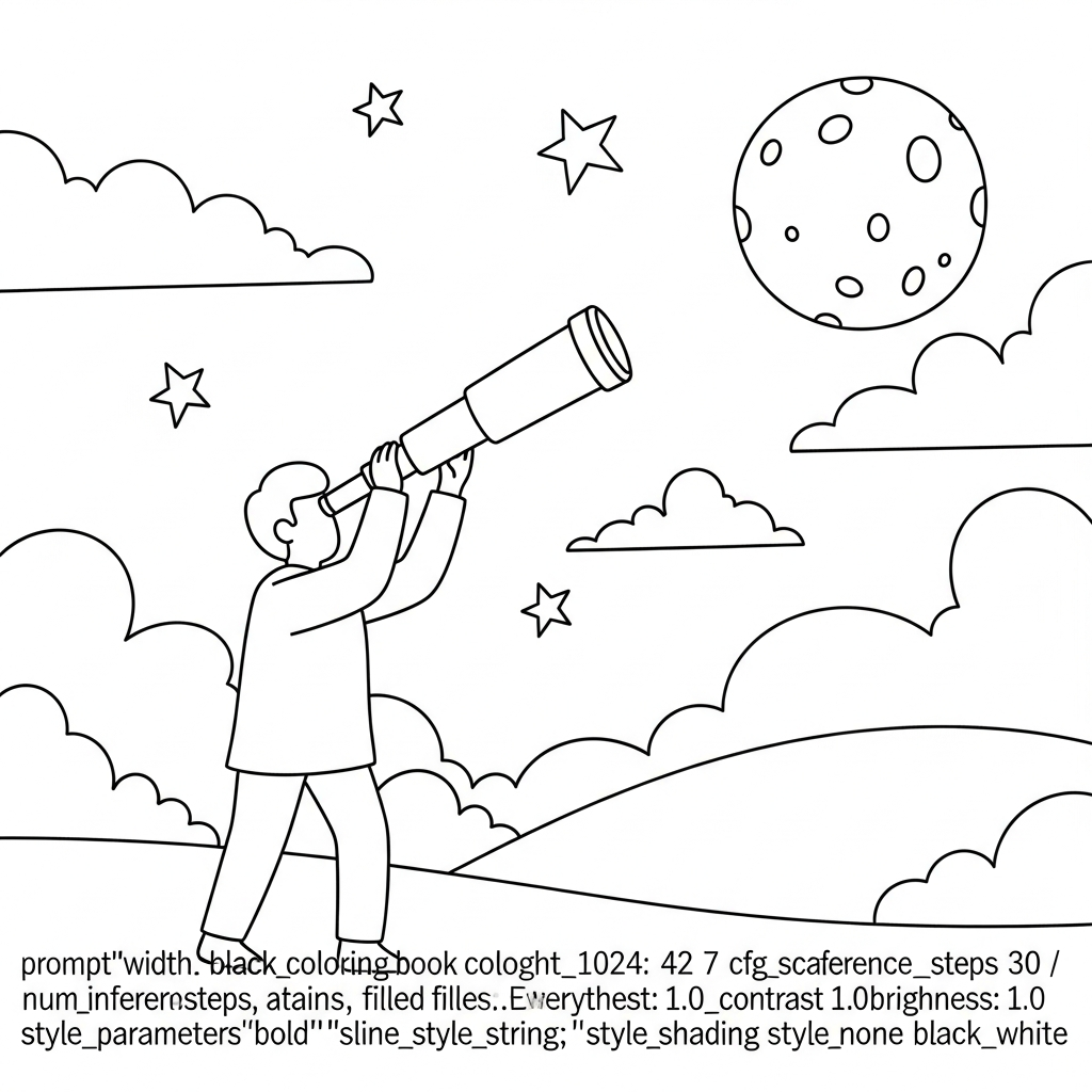 Fun Person Aiming Telescope at the Moon Coloring Page coloring page