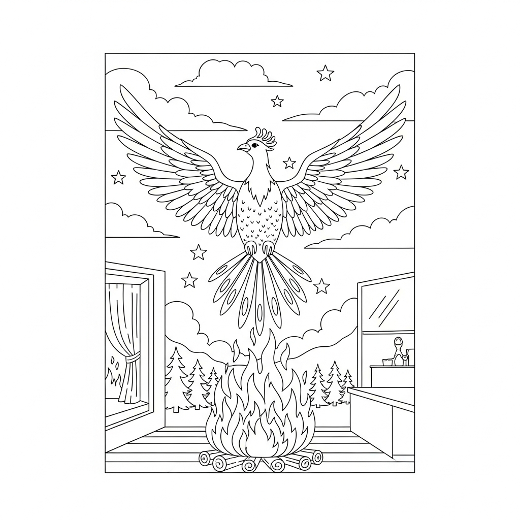 Phoenix Soaring Over a Forest Fire Coloring Page coloring page