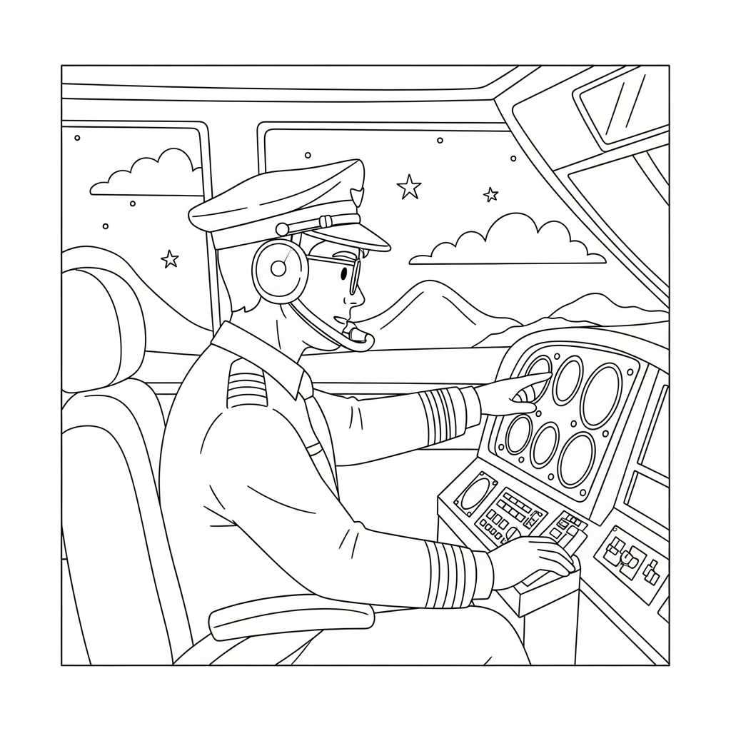 Fun Pilot Checking Aircraft Controls Coloring Page for Kids coloring page