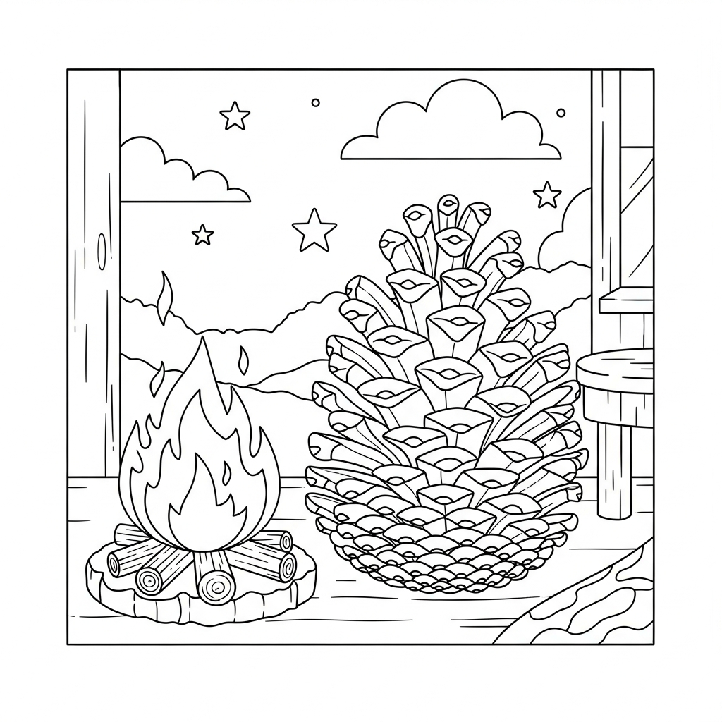 Easy Pine Cone Coloring Page by the Campfire coloring page