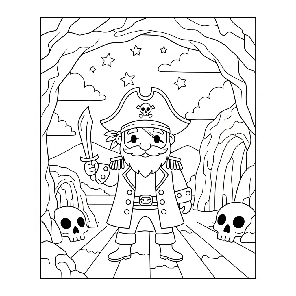 Pirate Captain Coloring Page Near Skull Cave for Kids coloring page