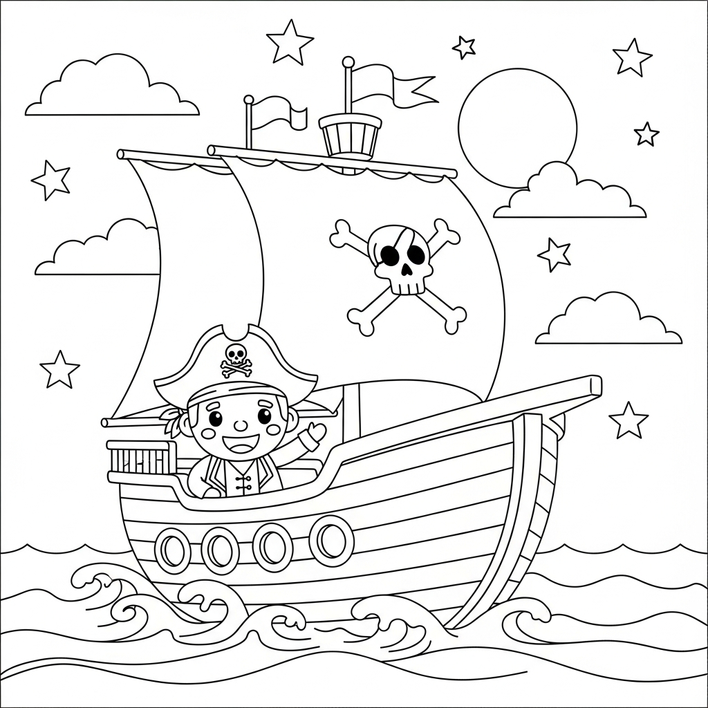 Fun Pirate Captain Coloring Page Under a Moonlit Ocean coloring page