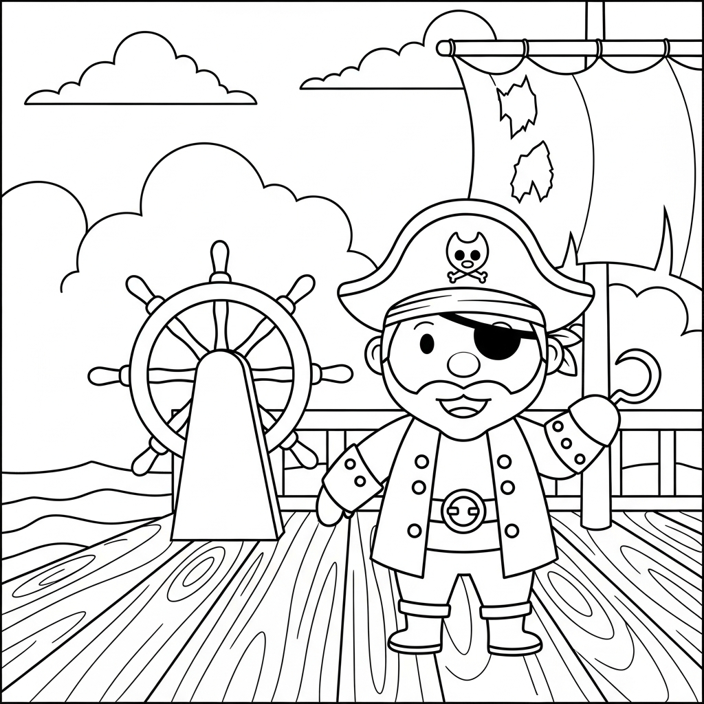Fun Pirate Captain Coloring Page on Wooden Deck coloring page
